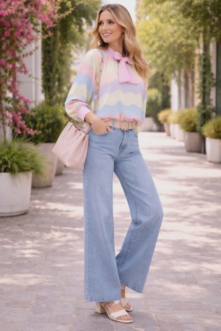 Bluzka damska Cappella oversize pudrowy róż plus size elegancka pastelowa w fale z wiązaniem pod szyją długi rękaw