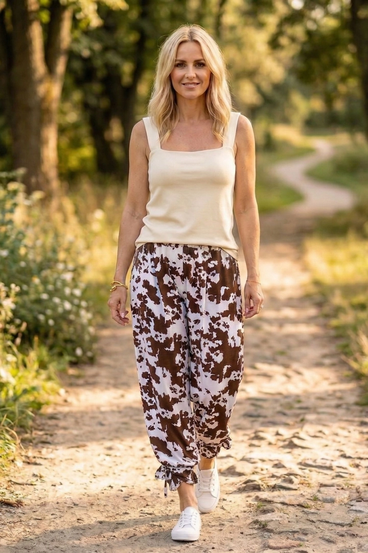 Spodnie damskie wide leg zwierzęcy print na gumce na lato z wiązaniem przy nogawkach Bradano białe z brązem