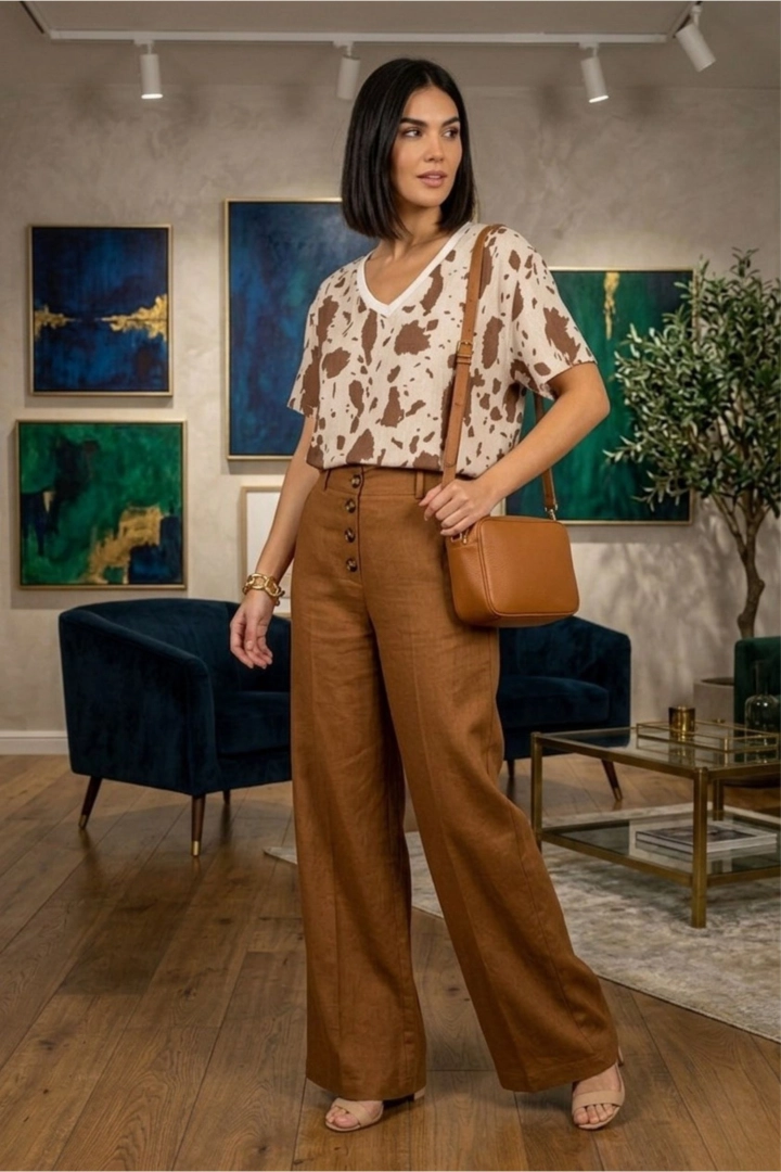 Lniana bluzka damska z krótkim rękawem t-shirt oversize w zwierzęcy wzór Chiese beżowa