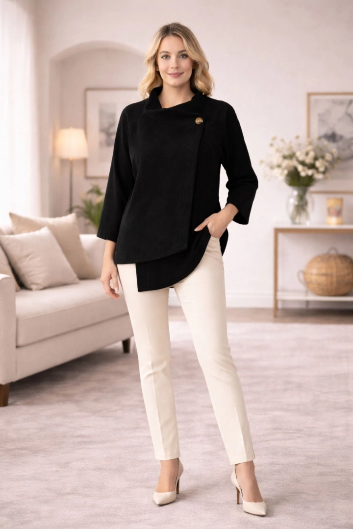 Żakiet damski asymetryczny narzutka casualowa zapinana na guziki z długim rękawem Scandicci czarny