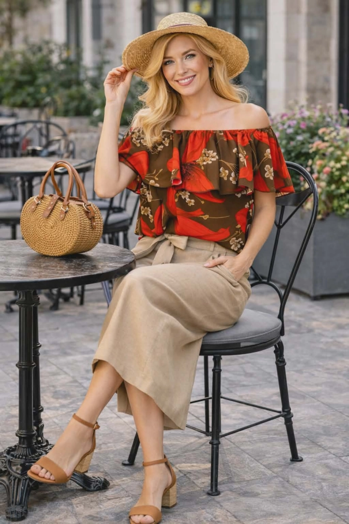 Bluzka hiszpanka Pramaggiore damska brązowo czerwona w kwiaty z falbanką odkryte ramiona