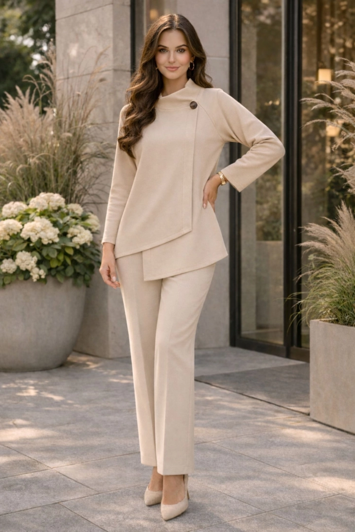 Żakiet damski asymetryczny narzutka casualowa zapinana na guziki z długim rękawem Scandicci beżowy