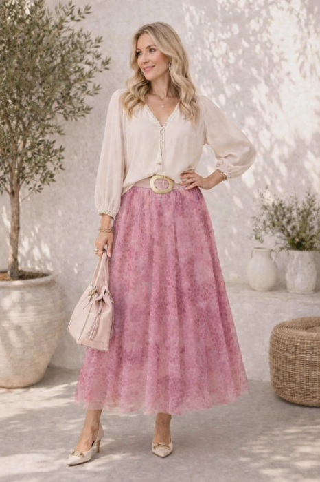 Spódnica damska Guadagnolo midi tiulowa pudrowy róż elegancka rozkloszowana panterkowy print lekka zwiewna plus size