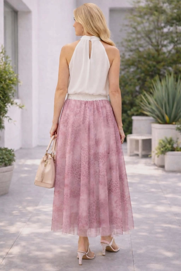 Guadagnolo spódnica damska midi tiulowa pudrowy róż panterkowy print elegancka rozkloszowana plus size