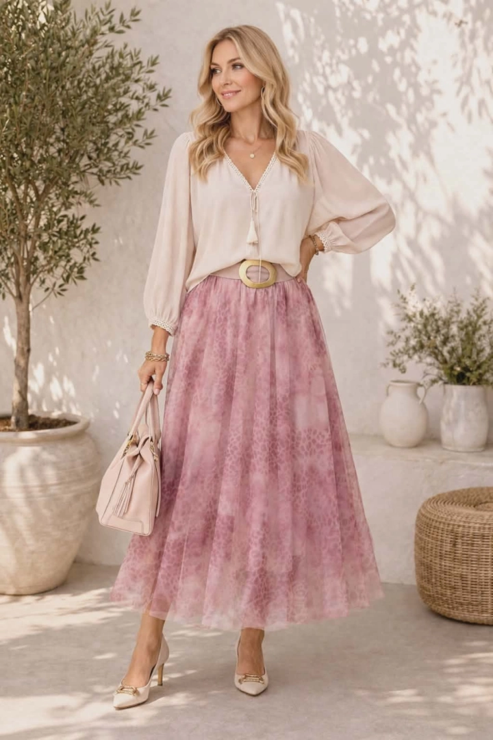 Spódnica midi tiulowa Guadagnolo pudrowy róż panterka elegancka rozkloszowana lekka zwiewna plus size