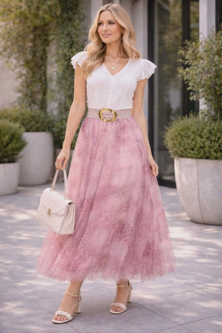 Elegancka spódnica damska Guadagnolo tiulowa midi pudrowy róż panterkowy wzór rozkloszowana plus size