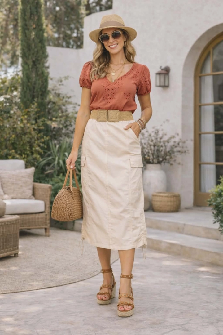 Spódnica midi beżowa Casoli styl miejski cargo z gumką w pasie kieszeniami i regulacją po bokach