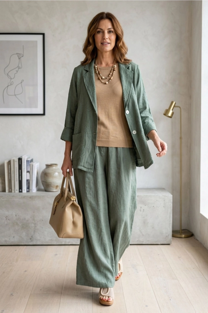 żakiet damski khaki lniany z haftowanymi zdobieniami casual elegancki Caorle zapinany na guziki