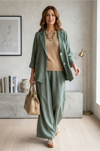 żakiet damski khaki lniany z haftowanymi zdobieniami casual elegancki Caorle zapinany na guziki