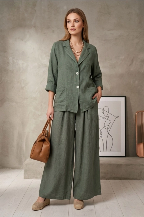 lniany żakiet damski khaki z haftem elegancka narzutka na guziki z kieszeniami Caorle Antaresa