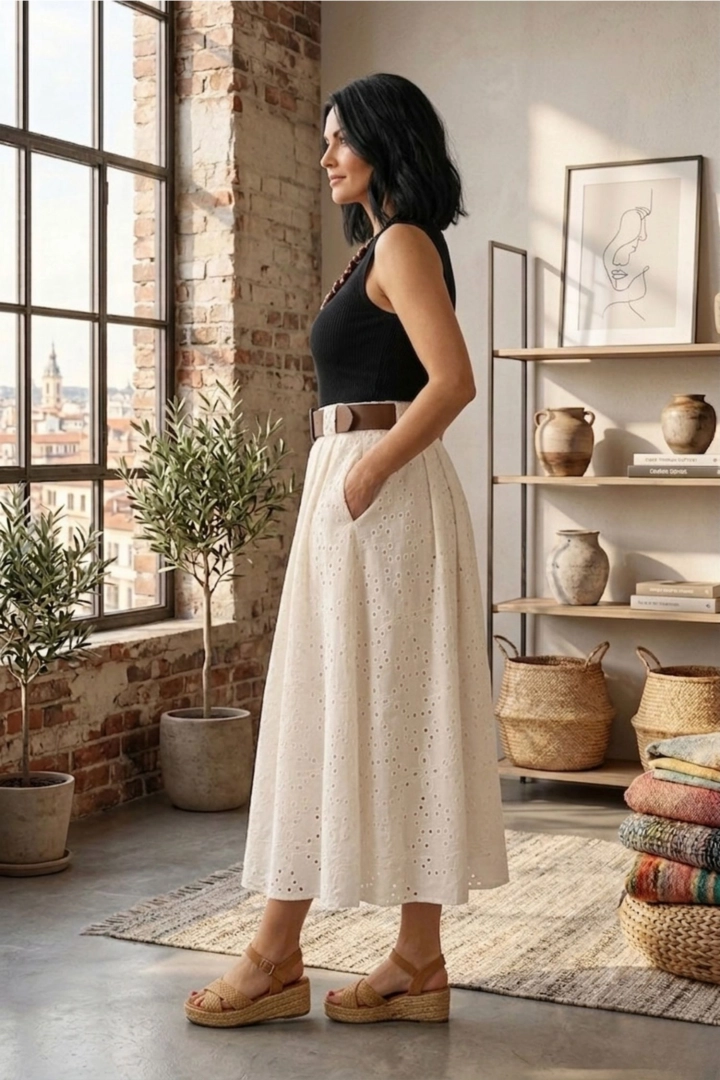 spódnica damska midi ecru ażurowa boho rozkloszowana na gumce Fontecchio Antaresa