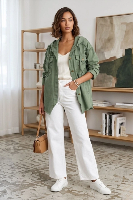 katana damska khaki jeansowa Vallecorsa z kapturem i haftem lekka przejściowa wiosenna