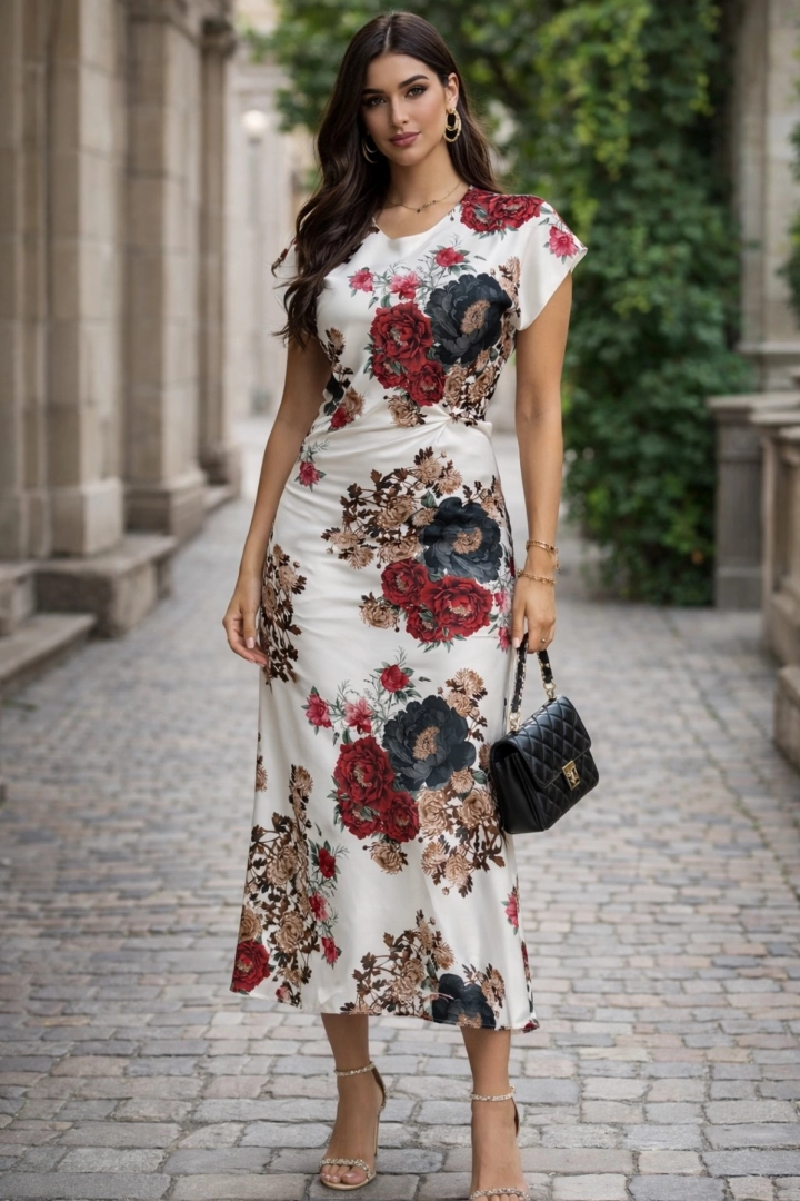 Sukienka satynowa maxi elegancka w czerwone kwiaty biała dopasowana cięta ze skosa z krótkim rękawem  Terrignano 