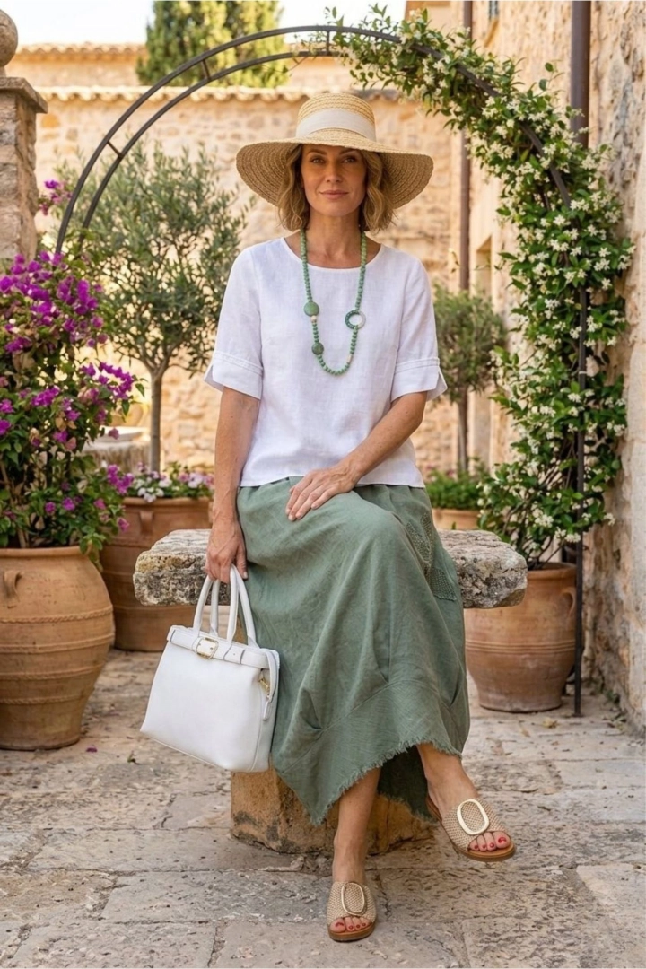 Lniana spódnica maxi ażurowy kwiat z cekinami strzępione wykończenie dłuższe boki ozdobne zakładki u dołu Martellago khaki