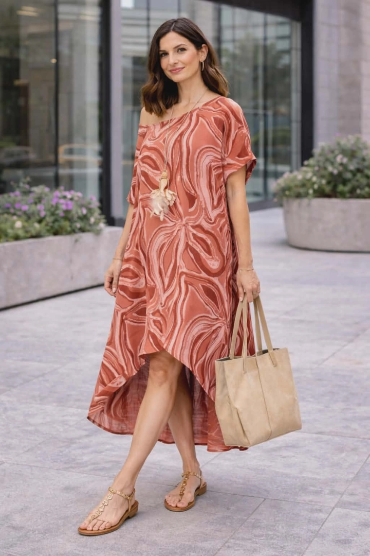 Sukienka lniana oversize ceglana w print asymetryczna midi z krótkim rękawem elegancka plus size Arenella