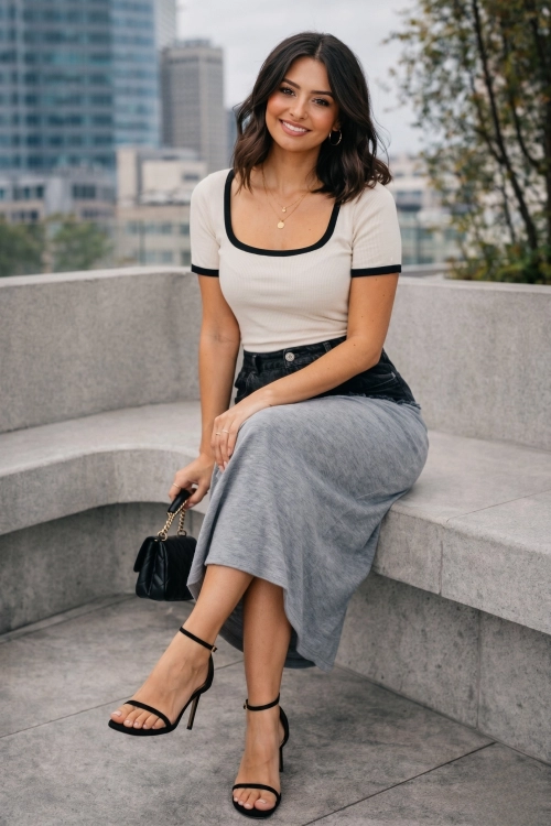 Spódnica midi Paoletti szara rozkloszowana z rozcięciem z tyłu i jeansową wstawką styl casual
