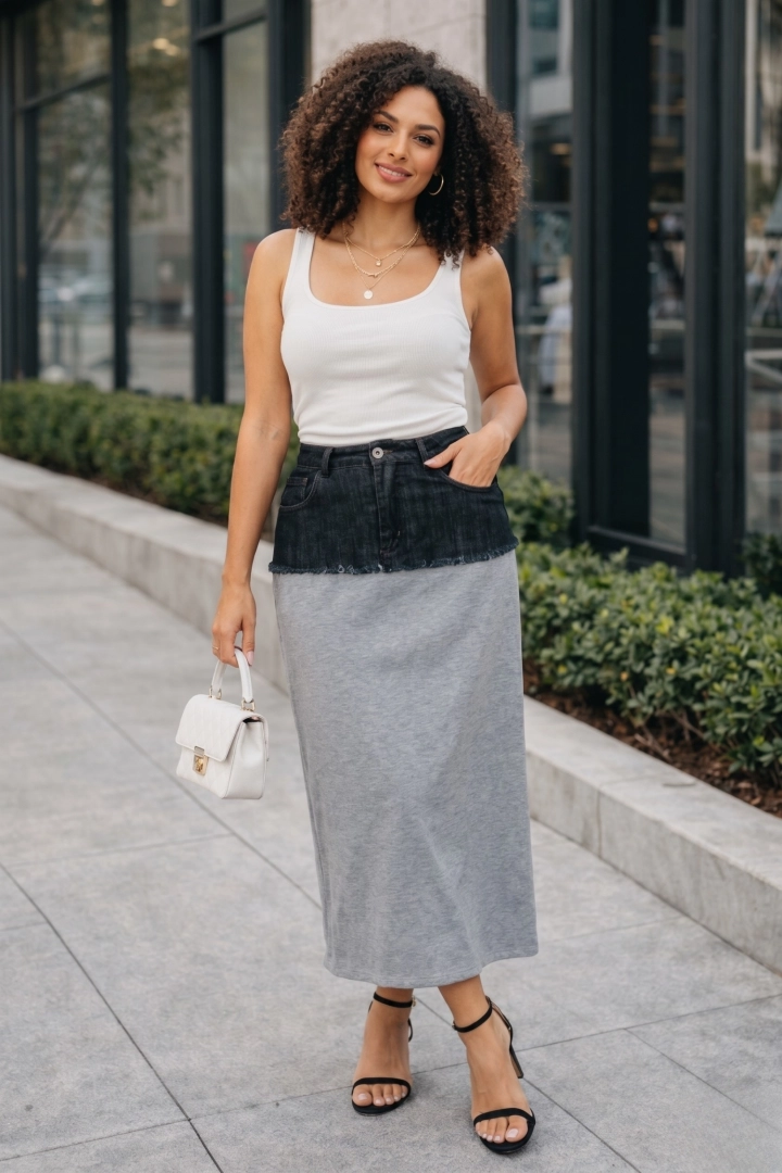 Spódnica midi szara rozkloszowana z jeansową wstawką i rozcięciem z tyłu casual Paoletti 