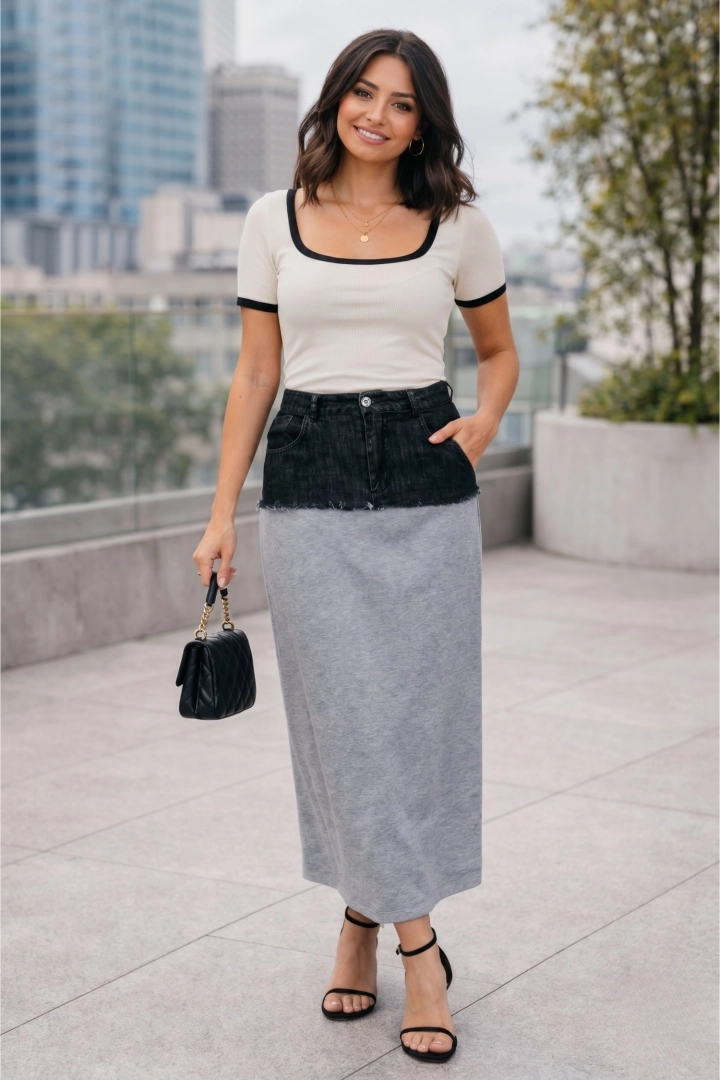 Szara spódnica midi Paoletti rozkloszowana z jeansową wstawką i rozcięciem casual elegancka
