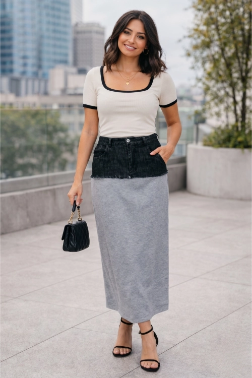 Szara spódnica midi Paoletti rozkloszowana z jeansową wstawką i rozcięciem casual elegancka