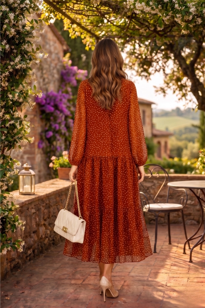Sukienka maxi ruda w groszki Scerni falbanki dekolt V wiązanie przy dekolcie długi rękaw
