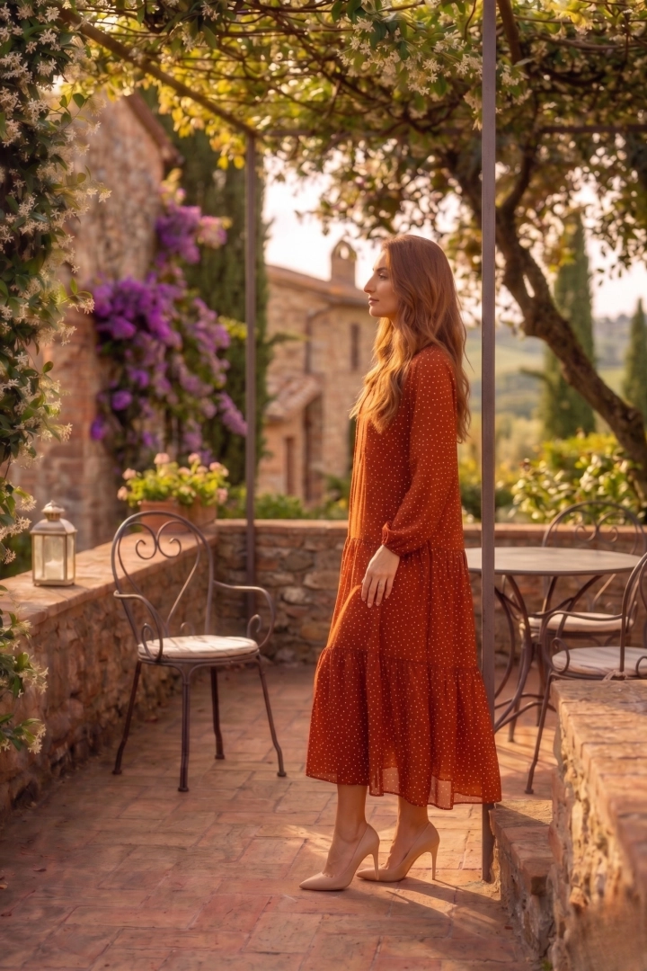 Sukienka maxi ruda w groszki Scerni z rękawem długim falbankami i wiązaniem przy dekolcie