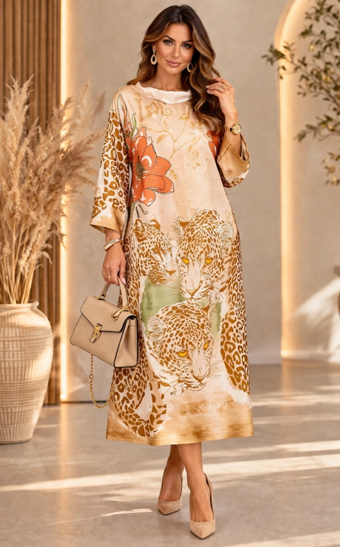 Sukienka midi oversize beżowa z printem w kwiaty i panterkę z długim rękawem plus size Ballarotto