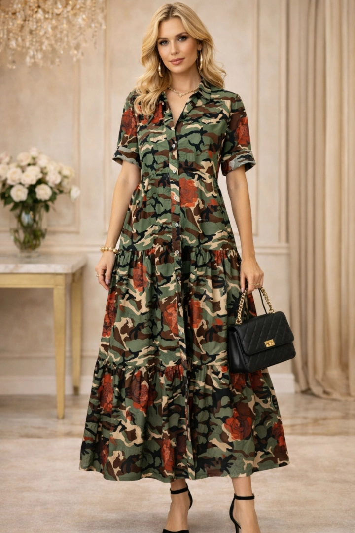 Sukienka szmizjerka maxi moro w róże zapinana na guziki z kołnierzem falbankami i szlufkami Balsorano