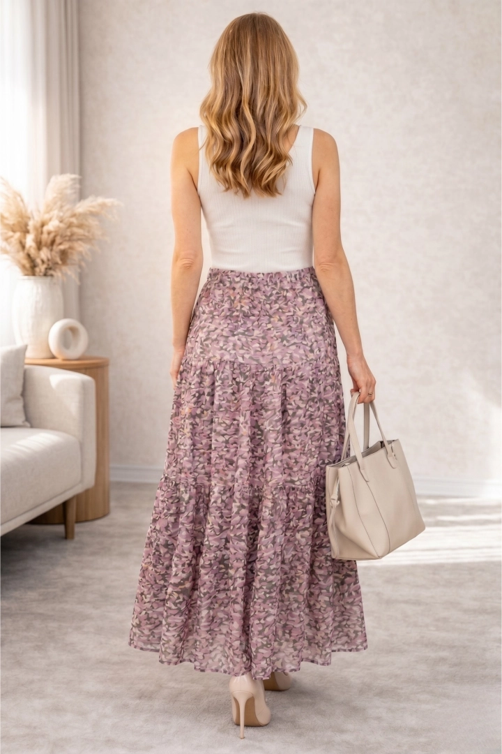 Zepponami spódnica maxi liliowa moro rozkloszowana zwiewna boho z falbankami