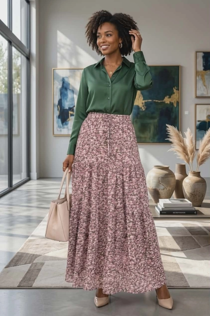 Spódnica maxi liliowa w print moro boho z falbankami rozkloszowana Zepponami