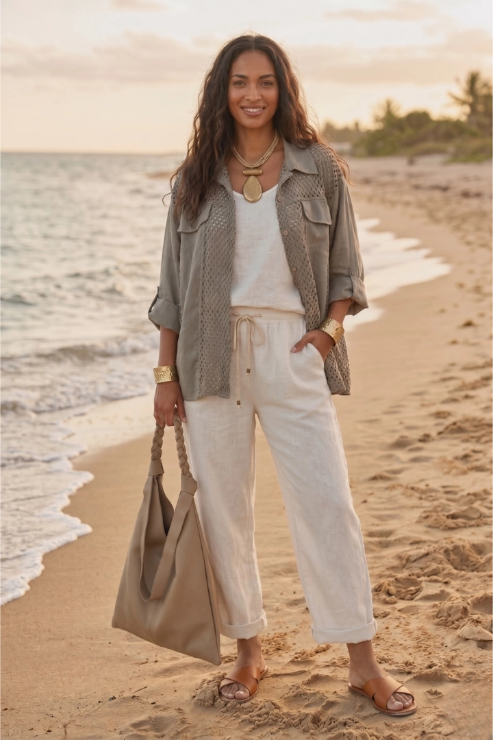 Koszula lniana damska fango narzutka oversize ażurowa z kołnierzykiem i patkami Bagheria