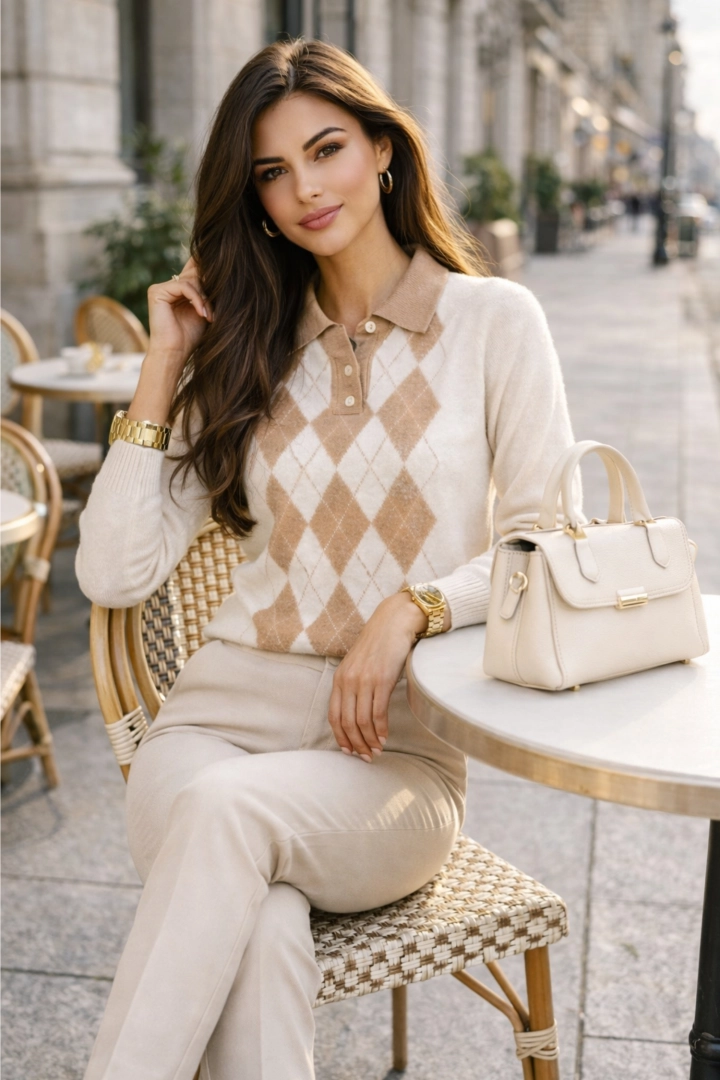 Sweter damski ecru Roccalvecce elegancki w romby z kołnierzykiem i guzikami klasyczny styl