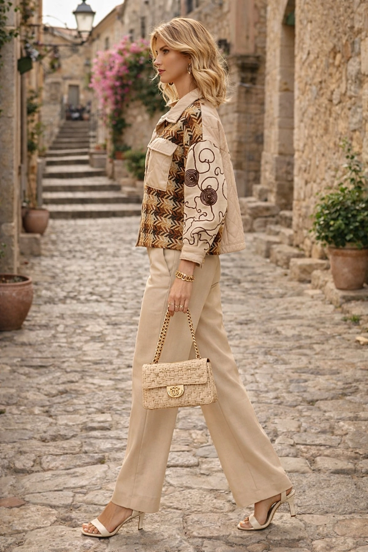 Kurtka damska beżowa oversize zapinana na guziki z dekoracyjnym wzorem na przodzie przyciąga uwagę detalami.