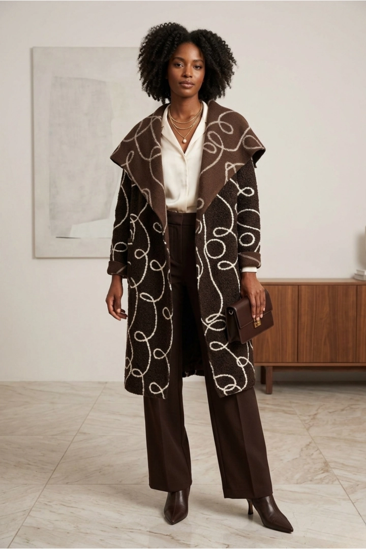 Płaszcz damski oversize brązowy z jasnym wzorem i luźnym krojem widoczny w ruchu.