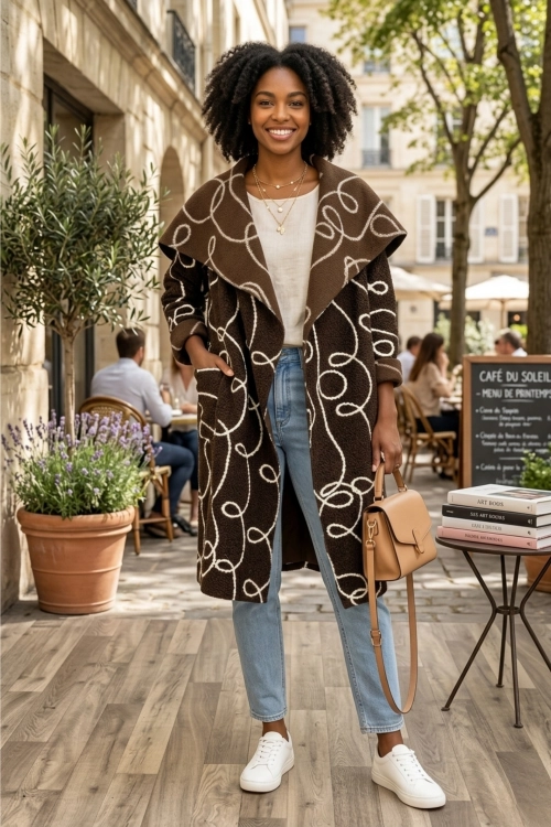 Długi płaszcz oversize w kolorze brązowym z jasnym wzorem i efektownym kołnierzem w stylizacji casual.