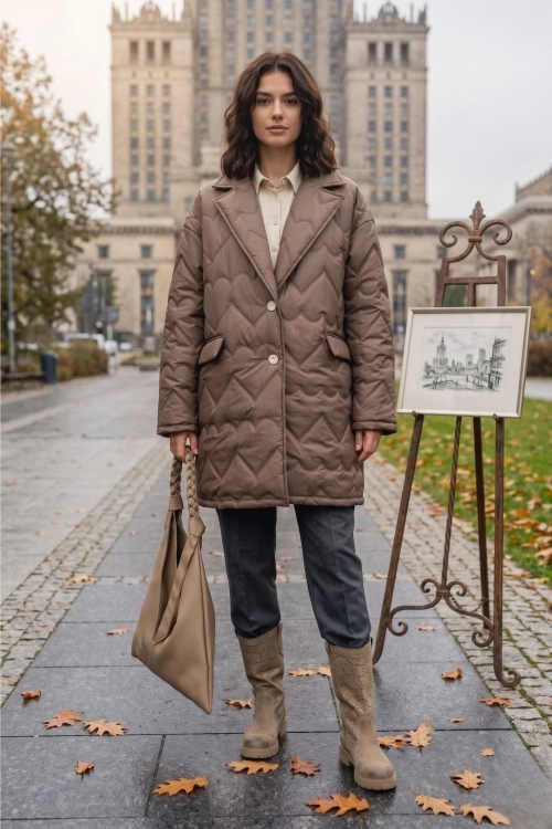 Brązowy płaszcz damski oversize przejściowy lekki z kołnierzem i kieszeniami styl casual Castelvecchio