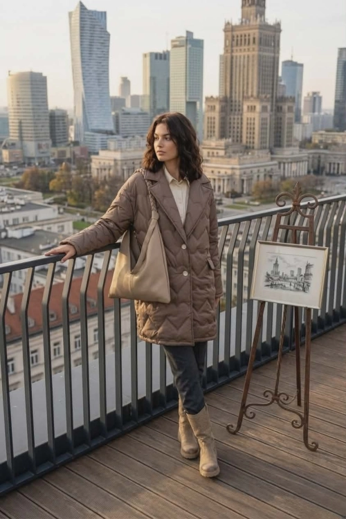 Płaszcz damski przejściowy brązowy oversize lekki z kołnierzem i kieszeniami casual Castelvecchio