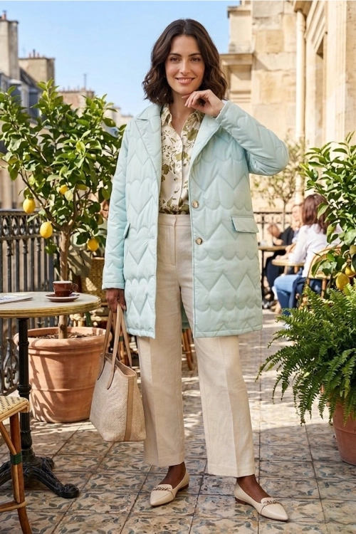 Miętowy płaszcz damski oversize przejściowy lekki styl casual z kołnierzem Castelvecchio