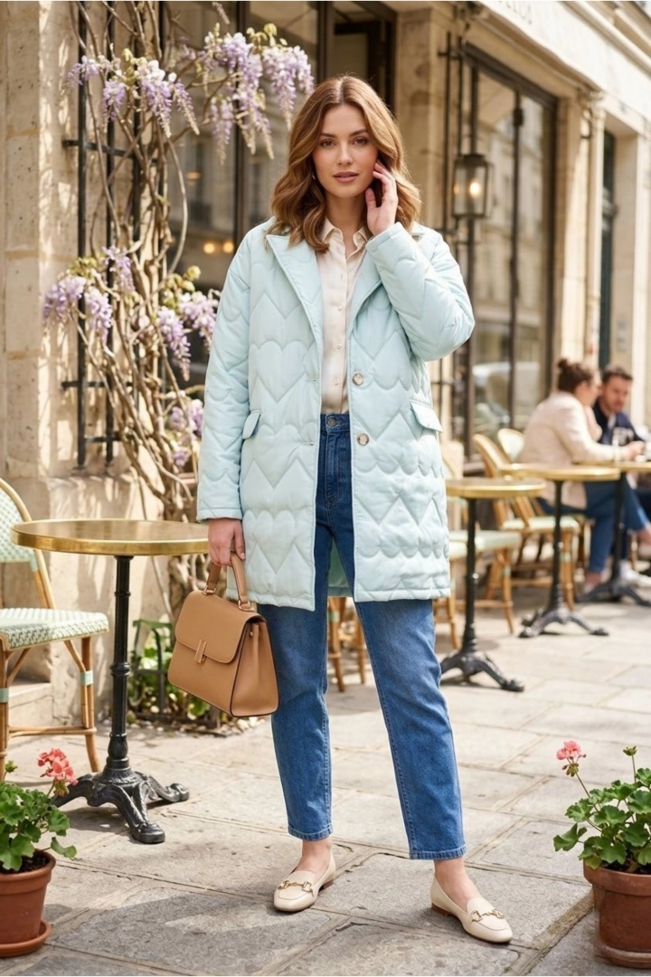 Płaszcz damski przejściowy miętowy oversize lekki z kołnierzem i kieszeniami casual Castelvecchio