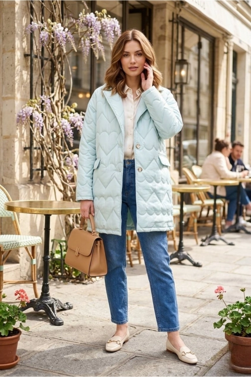 Płaszcz damski przejściowy miętowy oversize lekki z kołnierzem i kieszeniami casual Castelvecchio