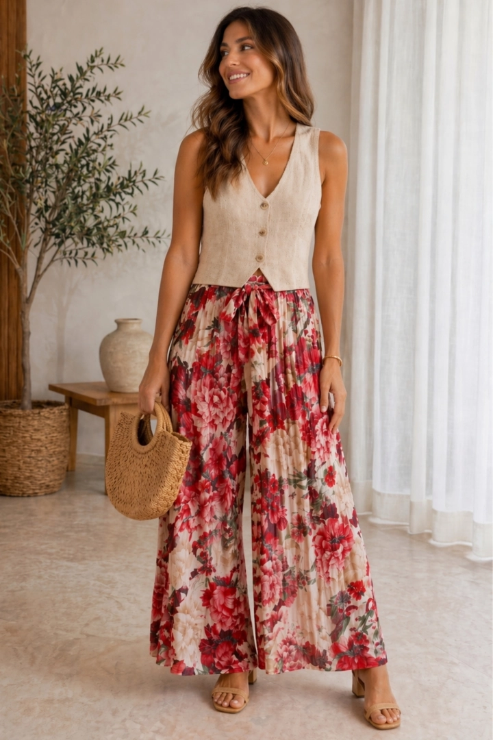 Spodnie damskie palazzo plisowane ecru w czerwone kwiaty szerokie nogawki boho Montecucco