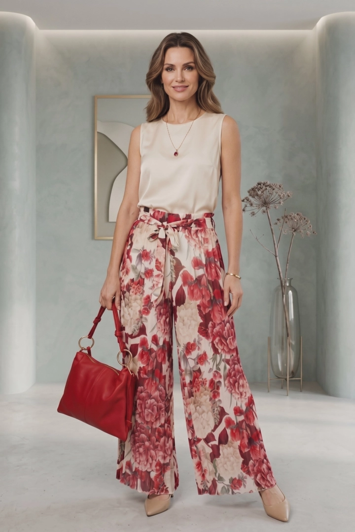 Spodnie damskie boho palazzo plisowane ecru w czerwone kwiaty szerokie na lato Montecucco