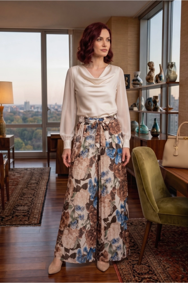 Spodnie damskie palazzo plisowane ecru w brązowe kwiaty szerokie nogawki boho Montecucco 