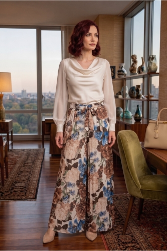 Spodnie damskie plisowane palazzo ecru w brązowe kwiaty szerokie nogawki styl boho Montecucco