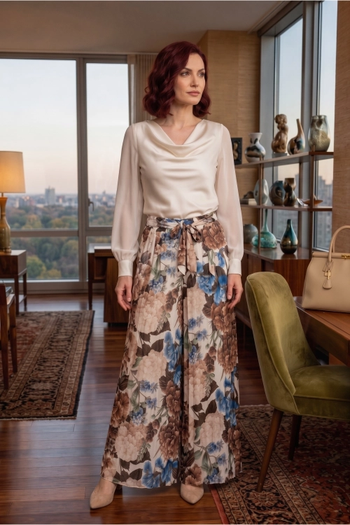 Spodnie damskie plisowane palazzo ecru w brązowe kwiaty szerokie nogawki styl boho Montecucco