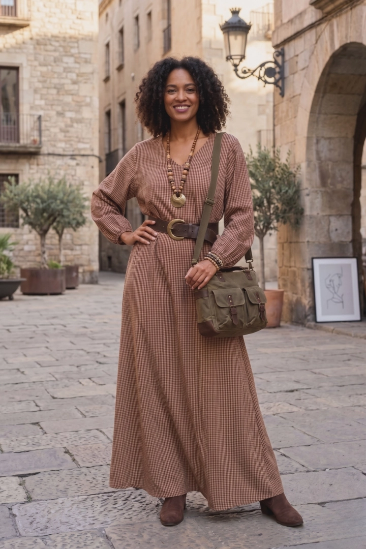 Sukienka maxi w kratę pomarańczowa oversize z długim rękawem i dekoltem V styl boho Brugnetto