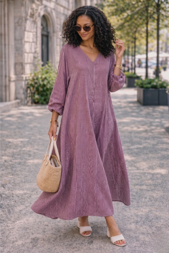 Sukienka damska maxi w kratę fuksja oversize z długim rękawem i dekoltem V styl boho Brugnetto