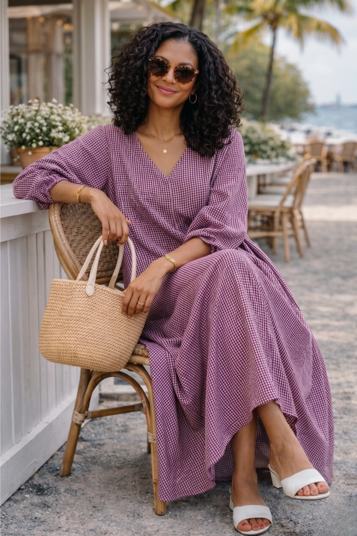 Sukienka maxi damska oversize w kratkę fuksja z dekoltem V lekka styl boho Brugnetto