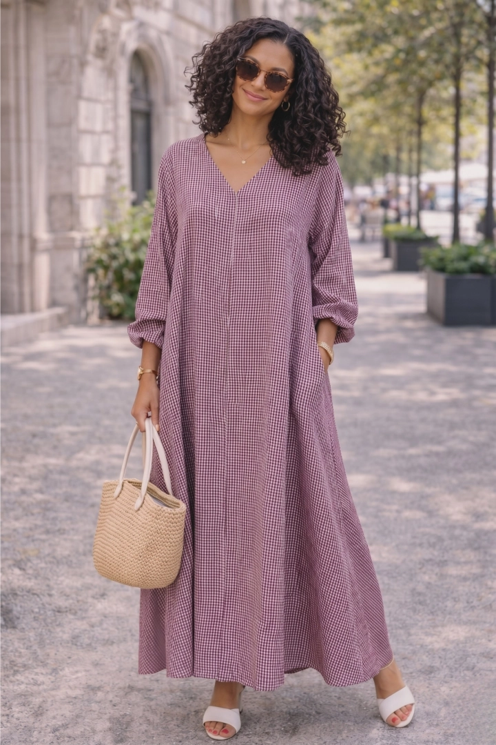 Sukienka damska maxi fuksja w kratę oversize luźny krój z długim rękawem Brugnetto
