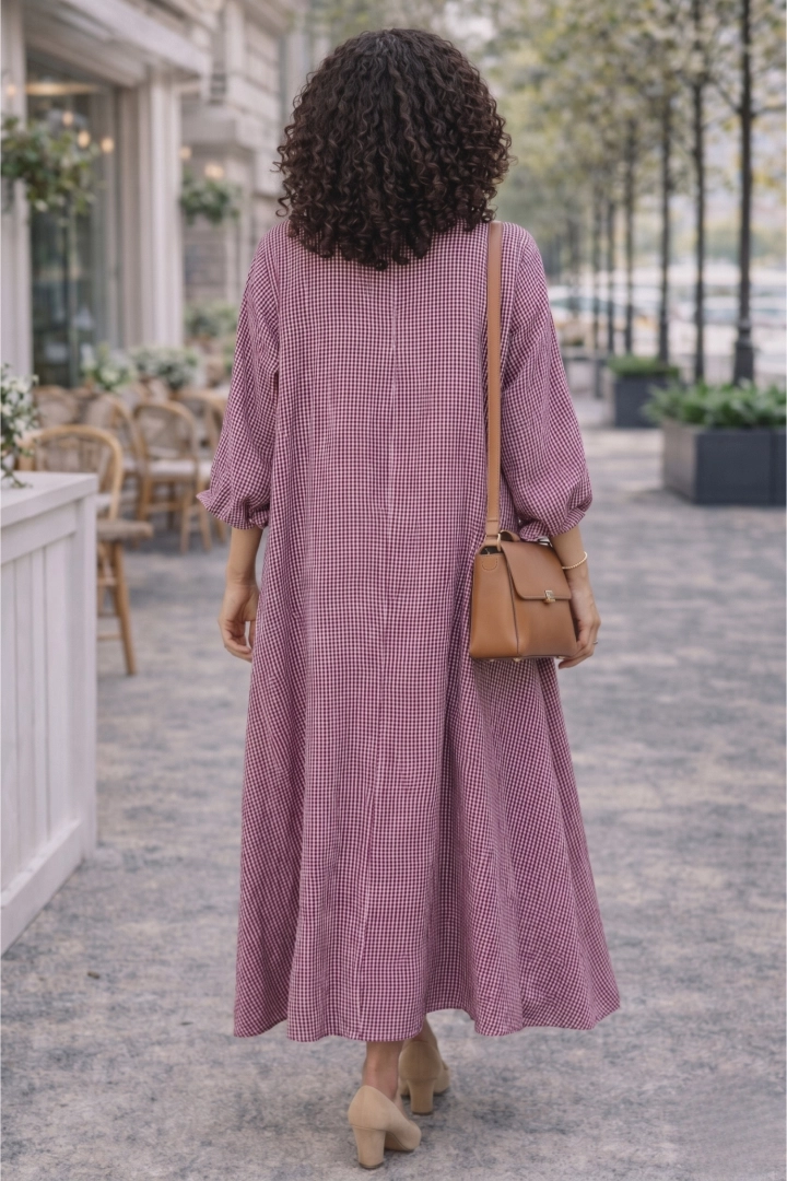 Fuksjowa sukienka maxi damska w kratę oversize luźna z długim rękawem styl casual Brugnetto