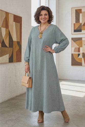 Sukienka damska maxi w kratę miętowa oversize z długim rękawem i dekoltem V styl boho Brugnetto